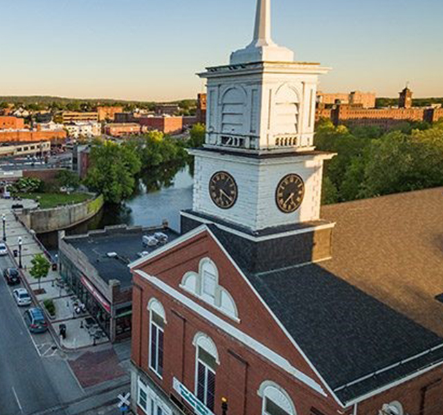 Birds eye view of a church in New England